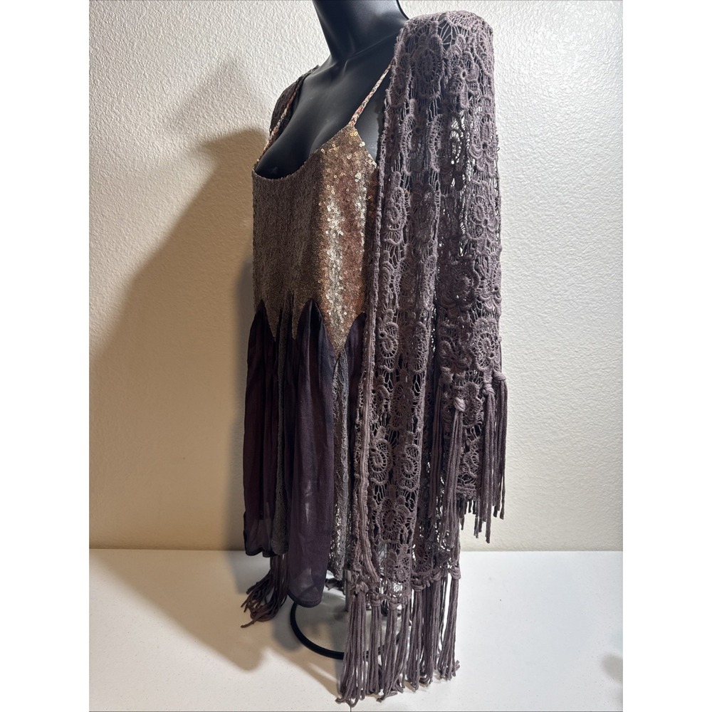 Gimmicks BKE Silk Sequin Tank Lace Fringe Kimono Small Festival Whimsigoth BOHO - Picture 5 of 16